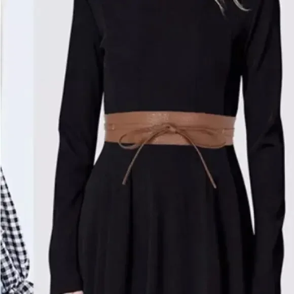 NEW PU faux leather camel brown tie wrap cinch waist belt B18 - Picture 2 of 2